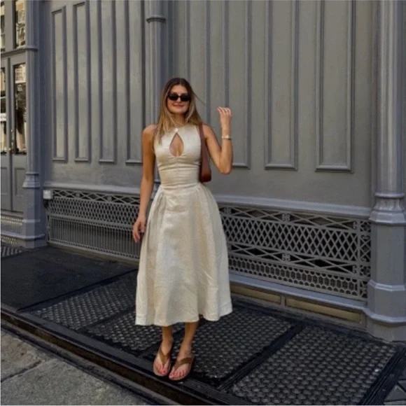 Linen Midi Dress in Natural/Beige - Picture 3 of 5